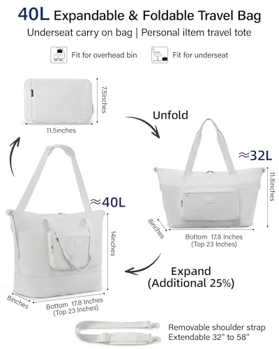 Hanke Underseat 40L Foldable Expandable Travel Tote Bag with 11 Pockets - color: White