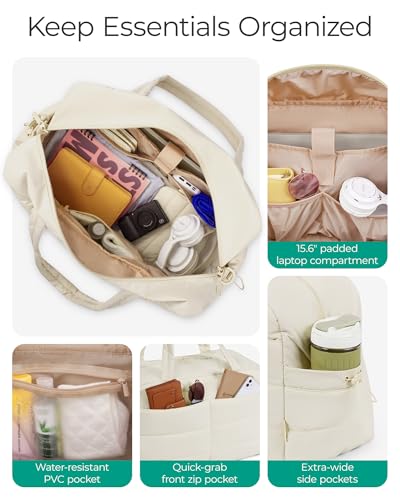 BAGSMART Gym Bag for Women, 2-PC Puffer Travel Duffle Bag Carry On Tote Bag - color: Beige