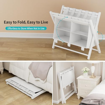 White Bamboo Luggage Rack with 4 Storage Compartments, Foldable Suitcase Stand, Luggage Rack for Guest Room, 150lbs Capacity, Sturdy - color: White 1 Pcs