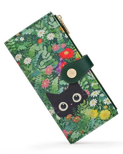 Cat Floral Women's Wallet,Thin RFID Card Holder with Zipper Pocket - color: Cat, size: Bifold