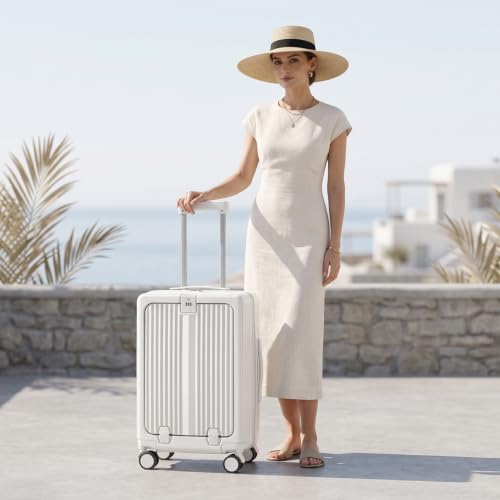 20Inch Carry On Luggage with Front Pocket and Cup Holder, White - color: White-SK, size: 20 Inch