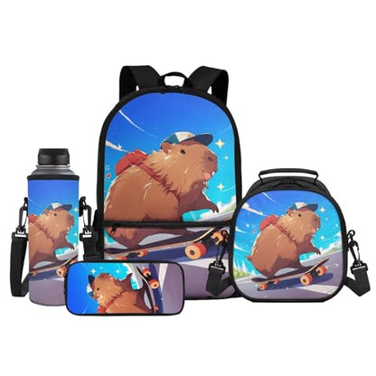 Cute Capybara Backpack for School, Capybara Skateboarding Design Backpack with Lunch Box for Boys Girls 4-in-1 Back to School Set, Lightweight Heavy Duty Bookbags for Age 6-8 - color: Capybara Skateboarding