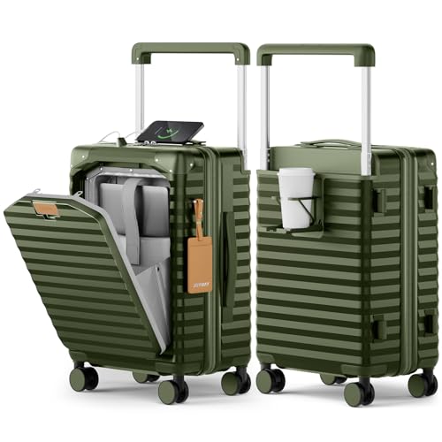 Joyway 20 Inch Carry on Luggage with Front Pocket and Cup Holder, Green - color: Green
