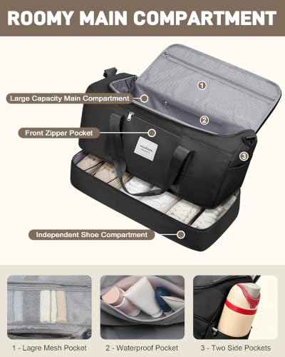 WOOMADA Extra Large Travel Duffle Bag with Shoes Compartment, Women Weekend Carry On Overnight Bag with Detachable Crossbody Bag for Travel, Business, Sports & Hospital(black) - color: Black