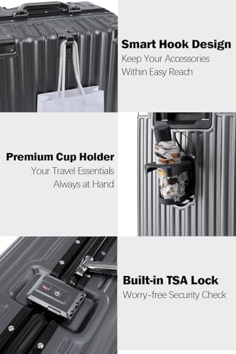 HotWay 24 Inch Checked Zipperless Luggage with Cup Holder,Grey - color: Gray (PC+Aluminum), size: Checked in 24inch