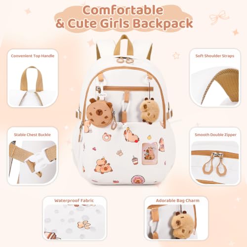 DIGOBAY Backpack for Girls, 5PCS School Bookbag with Lunch Box Pencil Case - color: White Brown