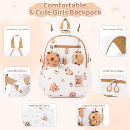 DIGOBAY Backpack for Girls, 5PCS School Bookbag with Lunch Box Pencil Case - color: White Brown