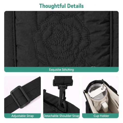 Puffer Tote Bag for Women, Lightweight Laptop Travel Tote Bags with Cup Holder & Trolley Sleeve for Work Gym - color: 02-black