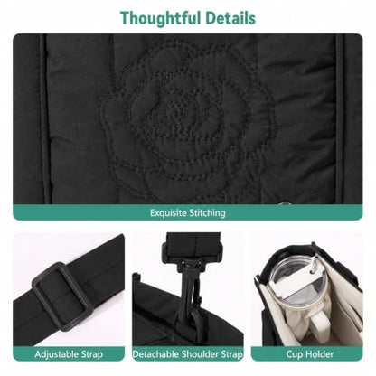 Puffer Tote Bag for Women, Lightweight Laptop Travel Tote Bags with Cup Holder & Trolley Sleeve for Work Gym - color: 02-black