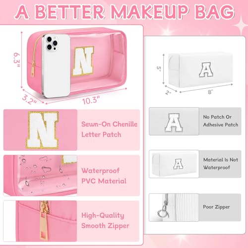 Initial Clear Makeup Bag, Birthday Gift Chenille Patch Cosmetic Bag - color: Pink, size: N