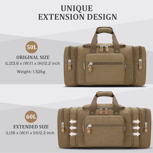 Gonex Canvas Duffle Bag, Expandable 60L Travel Overnight Weekender Bag - color: Coffee, size: X-Large-60L (With Toiletry Bag)