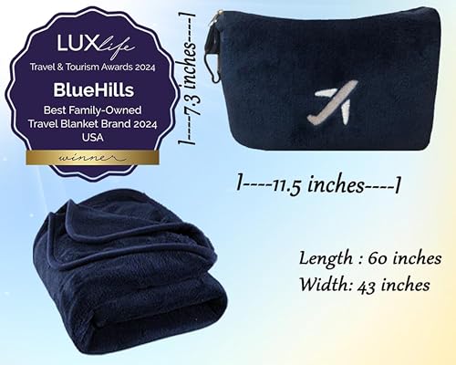 BlueHills Premium Soft Plush Mini Airplane Travel Blanket Pillow Navy Blue - color: Navy-m04