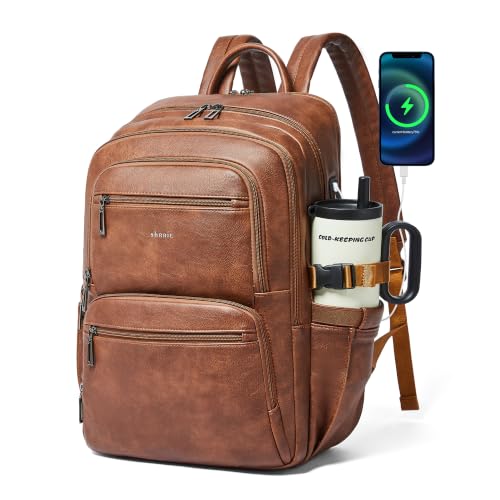 Shrrie 17 Inch Laptop Leather Backpack for Women with USB Charger - color: Caramel Brown