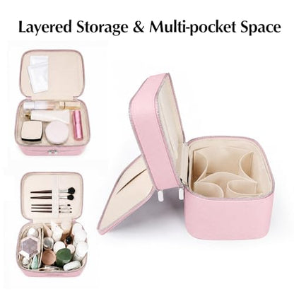 Makeup Case,Leather Double Layer Makeup Bag Duo,Large Portable Travel Toiletry Case Cosmetic Organizer for Women - color: Pink(9.8*7*7.3in)