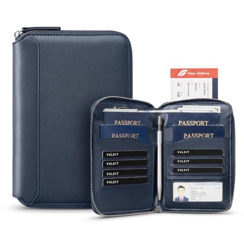 VULKIT Leather Passport Holder for 4-8 Passports Family Passport Wallet with Zipper Travel Documents Organizer for Men or Women(NavyBlue) - color: NavyBlue