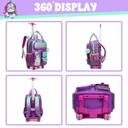Unicorn Rolling Backpack for Girls, Wheels Backpacks for Elementary Student, Kids Wheeled Trolley Trip Luggage with Adjustable Handle