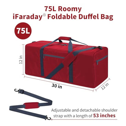 iFARADAY Foldable Duffel Bag Lightweight, 30 inch / 75L, Red - color: Red-75L(with shoulder strap)