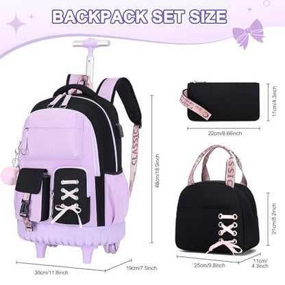 ACESAK 3PCS Teen Girls Rolling Backpack with Lunch Bag Set,Black Purple - color: Purple