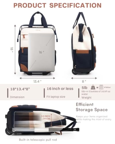 Rolling Puffer Backpack for Women, Travel Backpack with Wheels, 16 Inch Wheeled Laptop Backpck, Dual-Opening Design Overnight College Underseat Carry on Luggage, Roller Business Work Bag, Navy Blue - color: Navy Blue