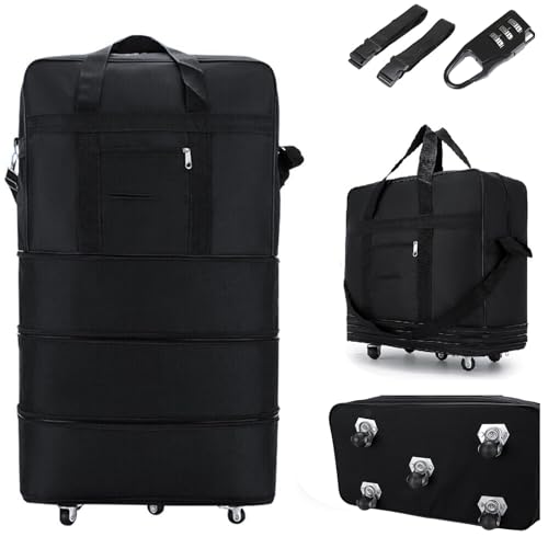 32 Inch Expandable Suitcase with Wheels, Waterproof Large Duffel Bag with 5 Silent Wheels & TSA Lock, Lightweight Collapsible Rolling Travel Bag with 2 Packing Straps, Wheeled Luggage for Air Travel - size: M - 5-Wheels with Lock & Starps
