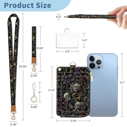 Lanyard Wallet with Id Badge Holder Goth Keychain for Card Women - color: Goth Skull