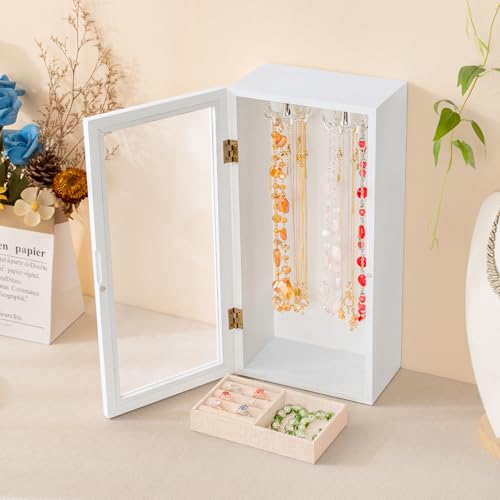 Necklace Holder Organizer with Rotating Hooks, Wooden Jewelry Box - color: White