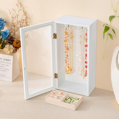 Necklace Holder Organizer with Rotating Hooks, Wooden Jewelry Box - color: White
