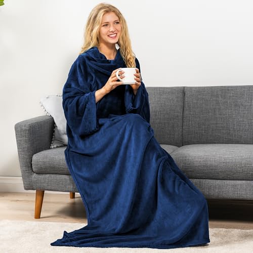 PAVILIA Blanket with Sleeves for Adult Women Men, Soft Warm Wearable Blanket Fleece Wrap Throw, Robe Blanket Gift - color: Navy
