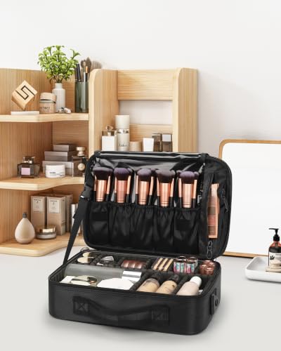 Relavel Makeup Bag Travel Train Case Cosmetic Organizer with Divider, Black - color: Black, size: Medium
