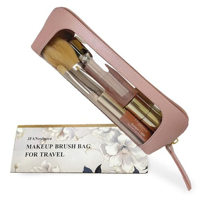Clear Makeup Brush Bag Case,Leather Travel Make up Brush Holder, Portable MakeupBrush Case, Make Up Brush Pouch for Makeup Tools, Cosmetic Organizer with Zipper (Pink) - color: Pink
