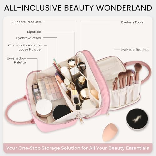 HauteHues Travel Makeup Bag for Women Stand Up Cosmetic Toiletry Case, Pink - color: Pink