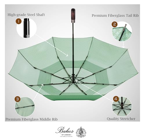 Balios Folding Umbrella Real Wood Handle Auto Open Close - color: Pimlico Juniper Green
