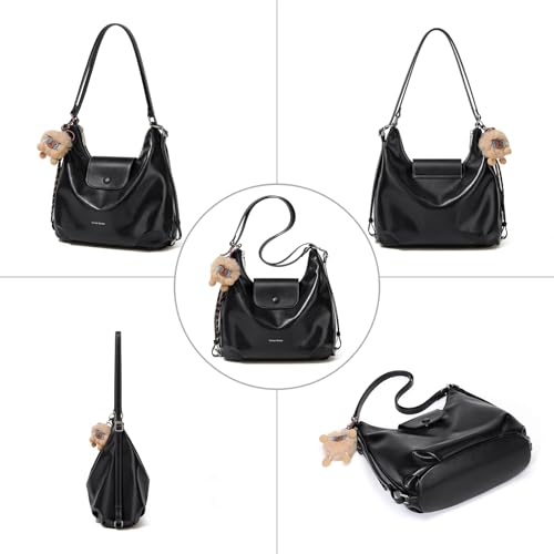 Women Shoulder Bag Leather Tote Bag Cute Backpack with Charms - color: Black