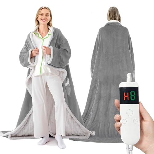 Wearable Heated Blanket With Sleeves & Foot Pocket, Heated Throw Blankets Fast Heating Blanket With 10 Heat Settings Auto Shut Off Over-Heat Protection-Warm Gift, Machine Washable, 52”*72”+18” - color: Pale Gray