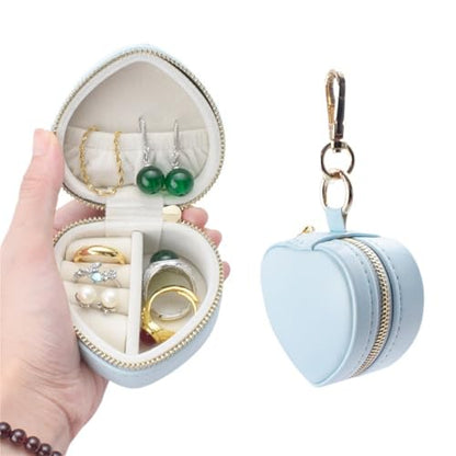Heart Shaped Jewelry Travel Case, Portable Ring Holder & Organizer with Keychain, Premium Wedding Travel Gift Box for Women - color: Blue