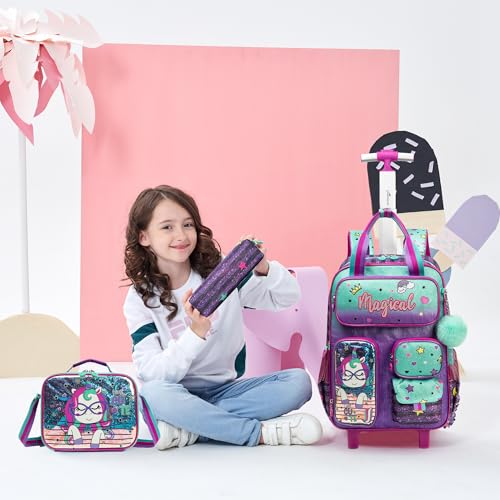 Unicorn Rolling Backpack for Girls, Wheels Backpacks for Elementary Student, Kids Wheeled Trolley Trip Luggage with Adjustable Handle