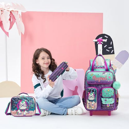 Unicorn Rolling Backpack for Girls, Wheels Backpacks for Elementary Student, Kids Wheeled Trolley Trip Luggage with Adjustable Handle