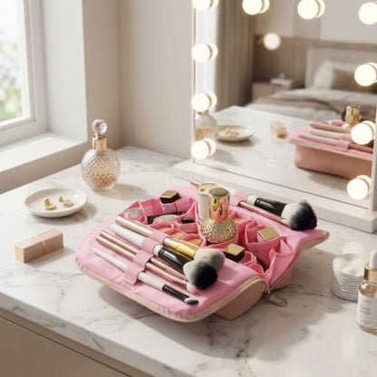 Travel Makeup Bag, Stand Up Cosmetic Bag, Fold-Down Design Organizer Bag - color: Pink
