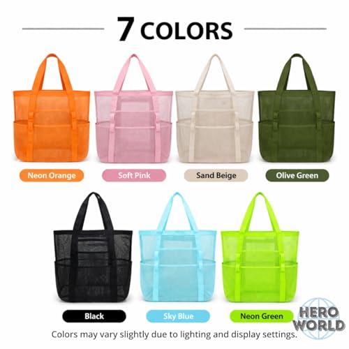 Mesh Beach Tote Bag Large Capacity Pool Gym Laundry Tote Foldable with Pockets Lightweight Travel Bag - color: Sand Beige
