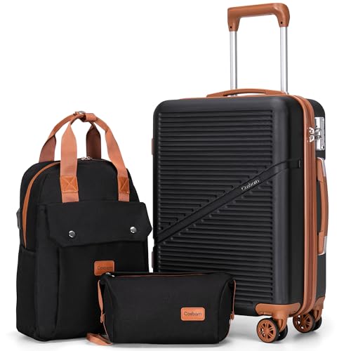 Cosbarn Carry On Luggage,3 Piece Suitcase Set,22x14x9 Airline Approved - color: Black, style: Carry on Luggage With Backpack