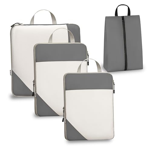 Compression Travel Packing Cubes with White Mesh, Grey, 4Pcs - color: Grey, size: Set of 4