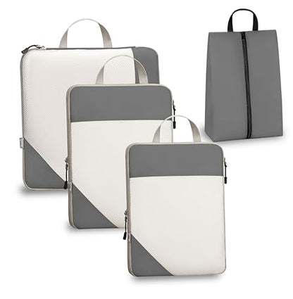 Compression Travel Packing Cubes with White Mesh, Grey, 4Pcs - color: Grey, size: Set of 4