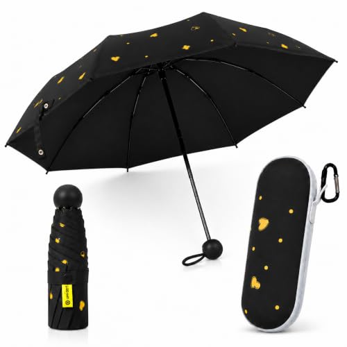 Mini Travel Umbrella, UPF 50+ Purse Umbrella with Case and Carabiner - color: Black with Heart-8 Ribs