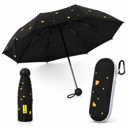 Mini Travel Umbrella, UPF 50+ Purse Umbrella with Case and Carabiner - color: Black with Heart-8 Ribs