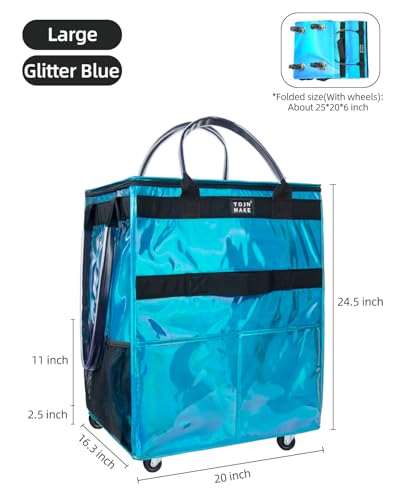 Reusable Grocery Bag with Wheels, Large Glitter Blue Rolling Tote | 8 Pockets, Zipper Cover, Foldable for Women, Kitchen, Travel, Carries Up to 76LBS - color: Glitter Blue, size: Large