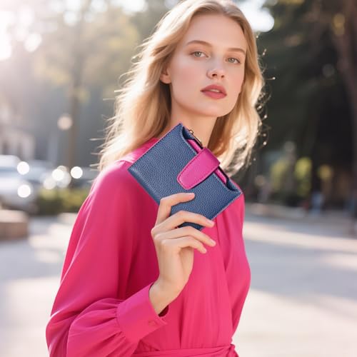 Airkit Small Wallet Women RFID Blocking Vegan Leather Bifold Compact Card Holder Wallet for Women with Zipper Coin Pocket 4 ID Window - color: Colorblock - Blue/Plum Red