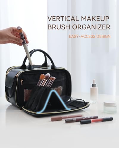 Prite Large Makeup Bag, Waterproof Travel Cosmetic Case with Brush Holder - color: Black, size: Medium