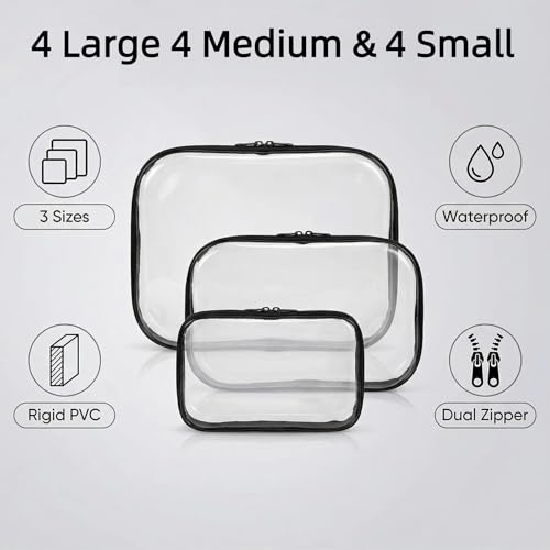 12 Pack Clear Hard Shell Zipper Case (4 Large 4 Small & 4 Medium), Hard Plastic Organizer Pouches for Travel (4L+4M+4S(Black)) - size: 4L+4M+4S(Black)