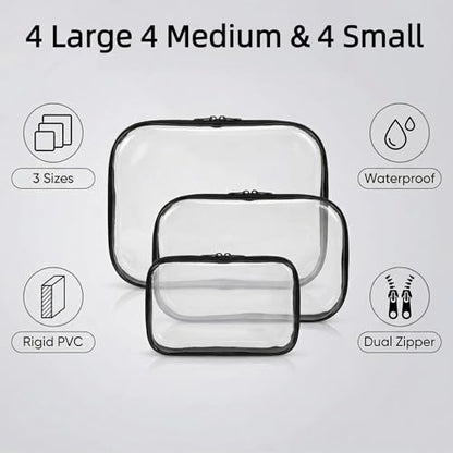12 Pack Clear Hard Shell Zipper Case (4 Large 4 Small & 4 Medium), Hard Plastic Organizer Pouches for Travel (4L+4M+4S(Black)) - size: 4L+4M+4S(Black)