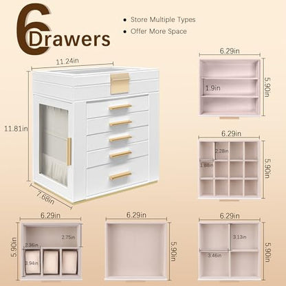 Homeanda Jewelry Boxes with Glass Lid, 6-Layer Large PU Leather, White - color: White, size: 6 Layer